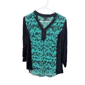 New Directions Womens Teal Black Abstract Print V-Neck Tab Blouse Medium NWT